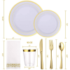 FOCUSLINE 350 Piece Gold Rim Dinnerware Set, Disposable Plastic Plates for Party or Wedding-100 Plastic Plates-50 Plastic Silverware-50 Plastic Cups-5