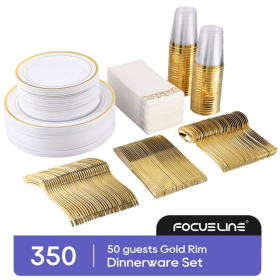 FOCUSLINE 350 Piece Gold Rim Dinnerware Set, Disposable Plastic Plates for Party or Wedding-100 Plastic Plates-50 Plastic Silverware-50 Plastic Cups-5